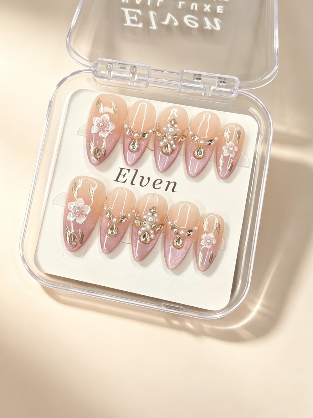 Nude Pink Ombre Cat Eye Press On Nails Pearls Crystals & Flowers Medium Almond